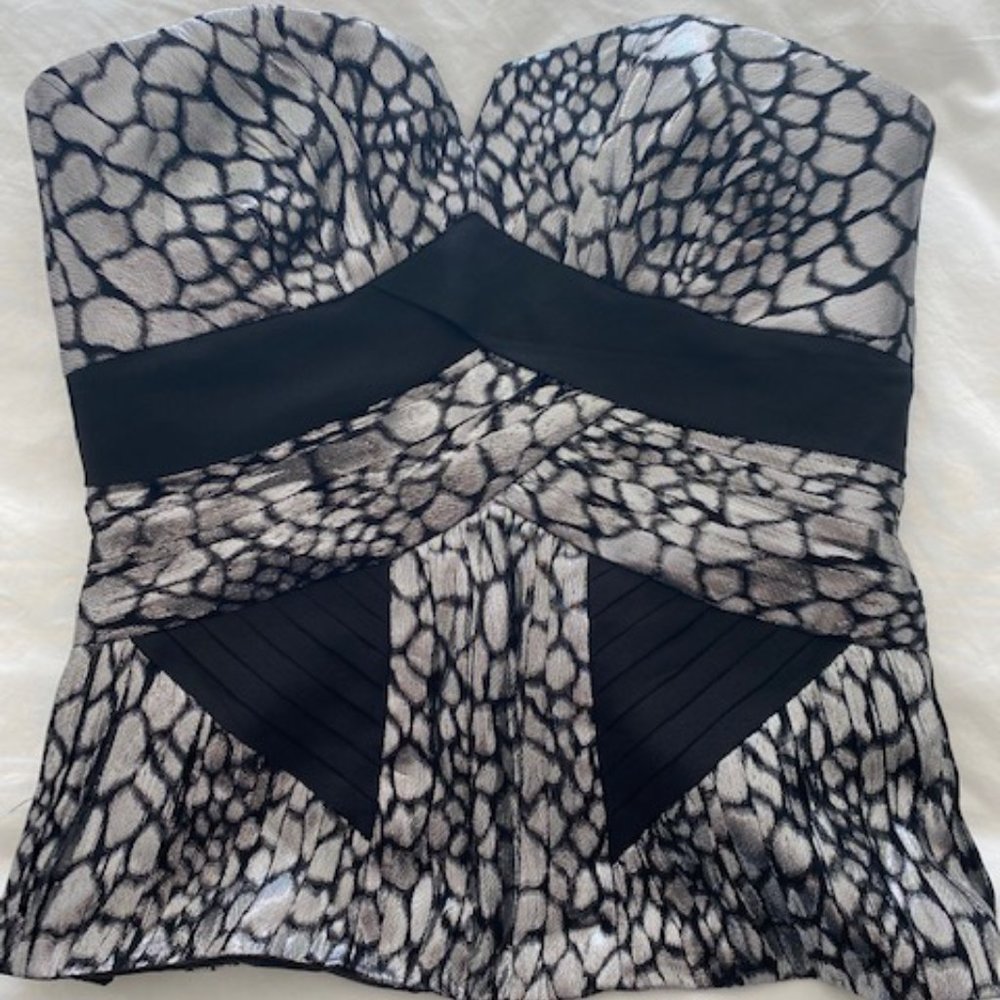 BEBE - NWOT - Silver Metallic Foiled Strapless Top (Size: SMALL)